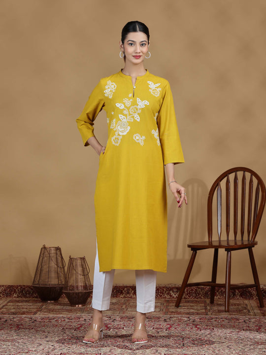 Yellow Floral Cotton Embroidered Kurta
