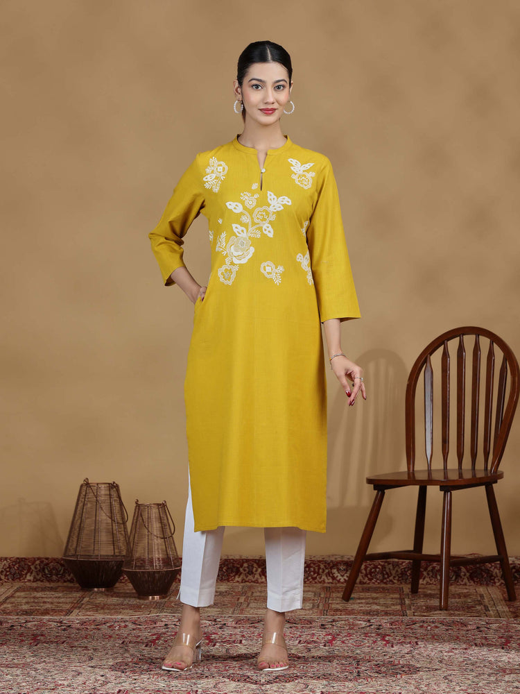 Yellow Floral Cotton Embroidered Kurta