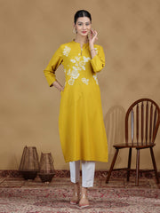 Yellow Floral Cotton Embroidered Kurta