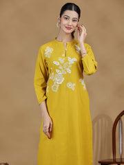 Yellow Floral Cotton Embroidered Kurta