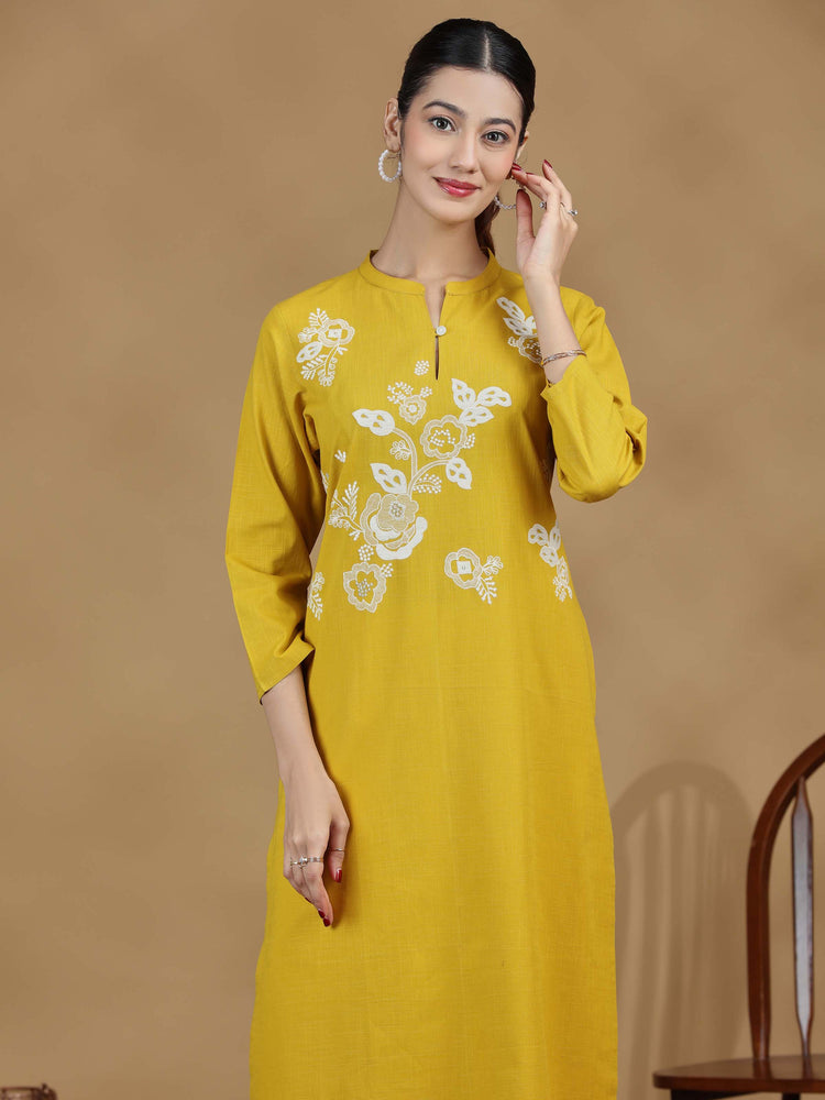 Yellow Floral Cotton Embroidered Kurta