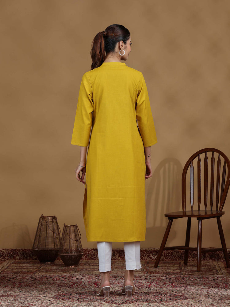 Yellow Floral Cotton Embroidered Kurta