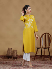 Yellow Floral Cotton Embroidered Kurta
