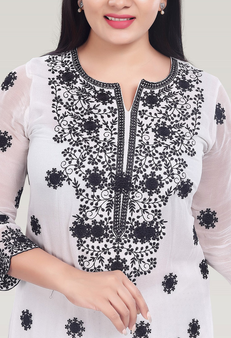 White Georgette Straight Embroidered Kurta Palazzo Suit Set