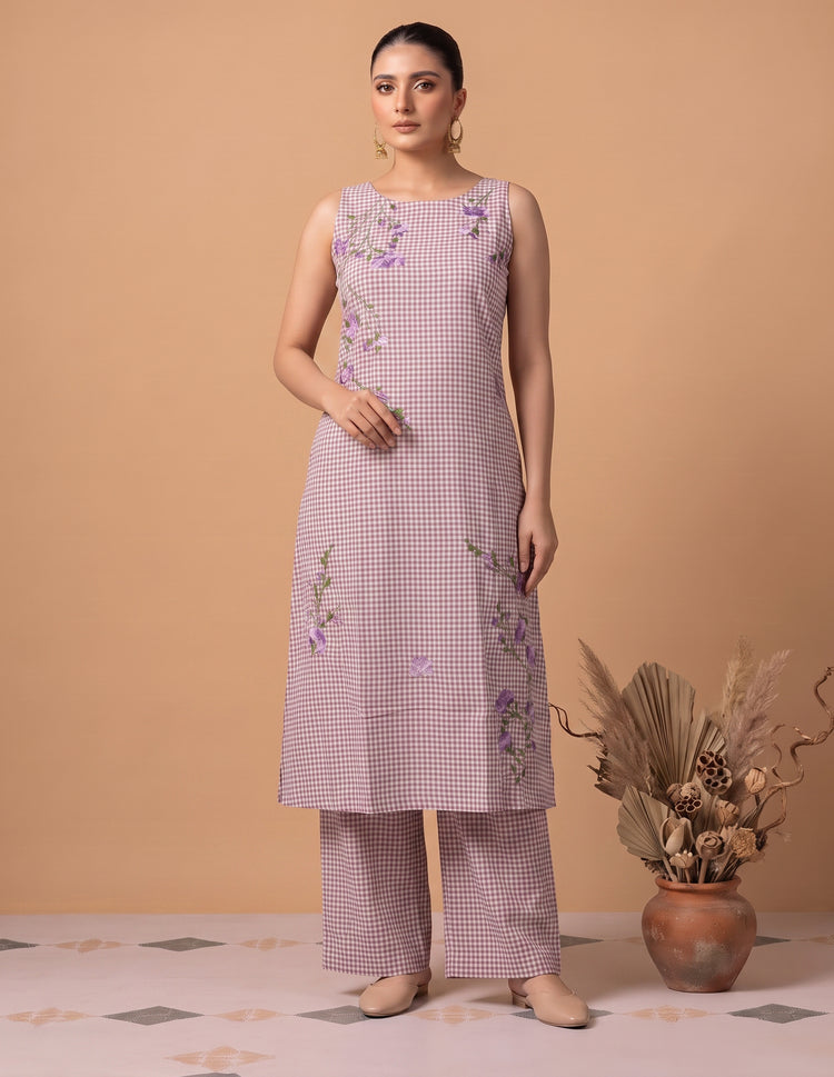 Off White & Purple Pure Cotton Floral Embroidery A-Line Co-Ord