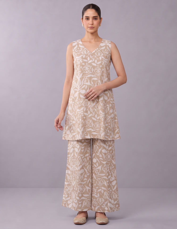 Beige Printed Kurta Pant Elegant Co-ord