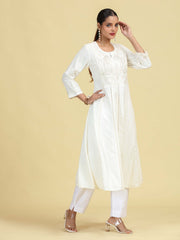 Off White Flared Embroidered A-line Kurta