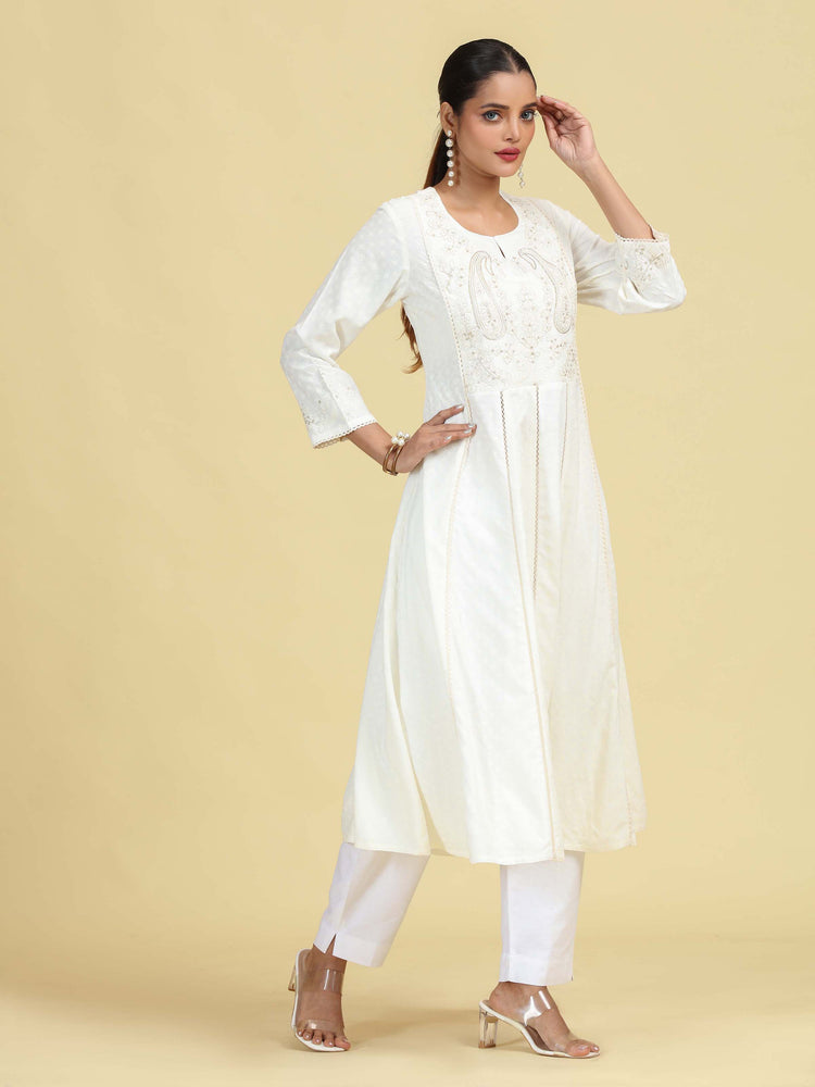 Off White Flared Embroidered A-line Kurta