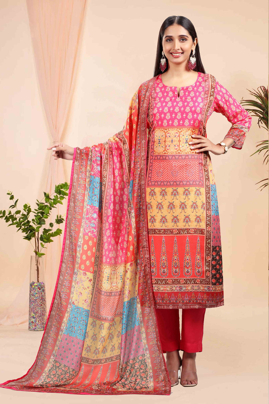 Multicolor Roman Silk A Line Printed Kurta Pant Suit Set