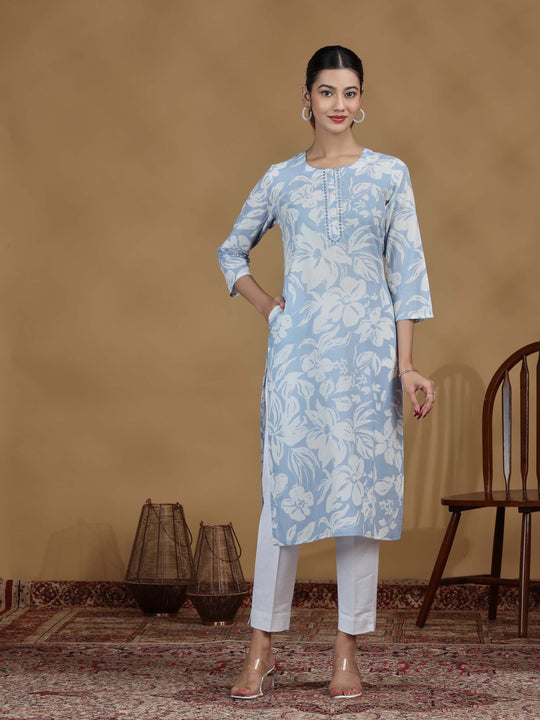 Light Blue Floral Printed Cotton Straight Kurta