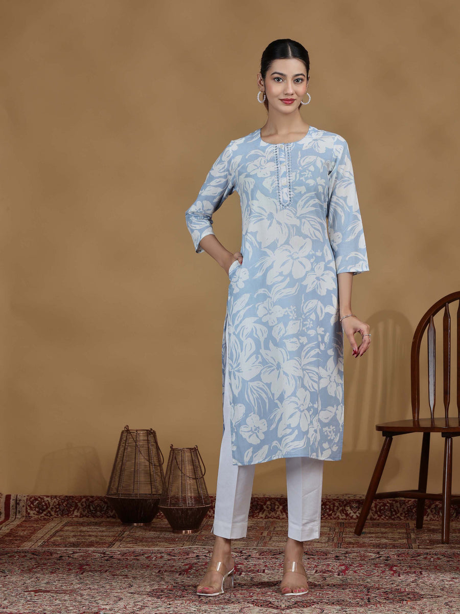 Light Blue Floral Printed Cotton Straight Kurta