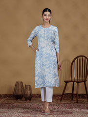 Light Blue Floral Printed Cotton Straight Kurta
