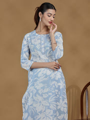 Light Blue Floral Printed Cotton Straight Kurta