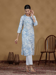 Light Blue Floral Printed Cotton Straight Kurta