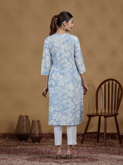 Light Blue Floral Printed Cotton Straight Kurta