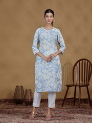 Light Blue Floral Printed Cotton Straight Kurta
