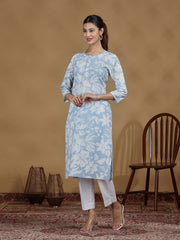 Light Blue Floral Printed Cotton Straight Kurta