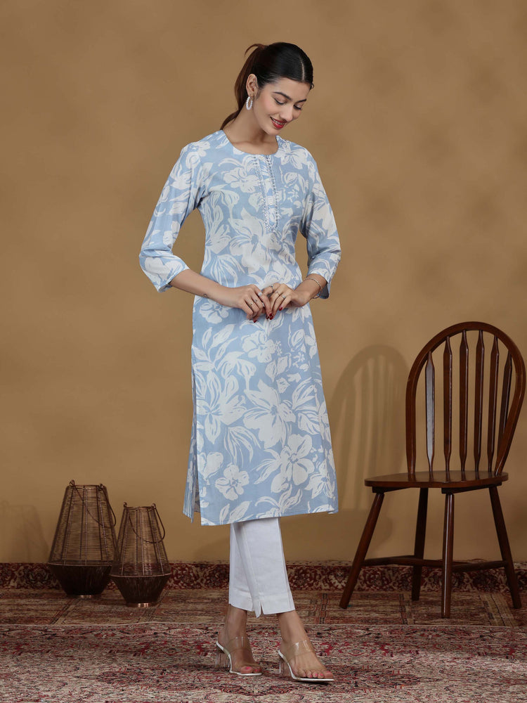 Light Blue Floral Printed Cotton Straight Kurta
