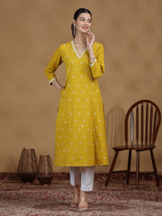 Yellow Floral Cotton Embroidered Straight Kurta