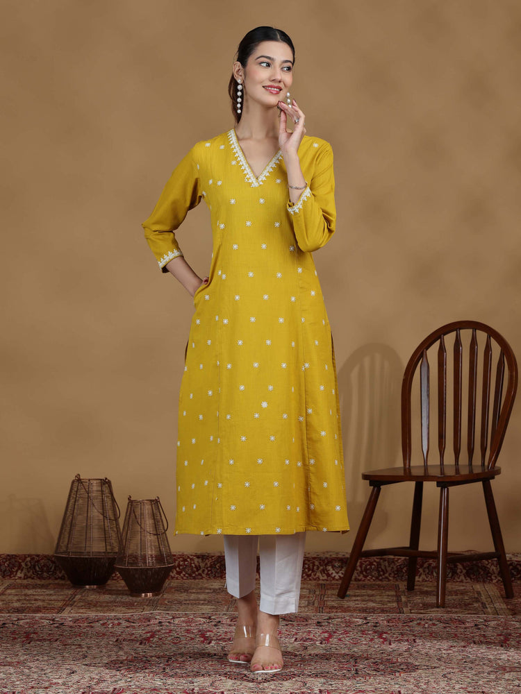 Yellow Floral Cotton Embroidered Straight Kurta