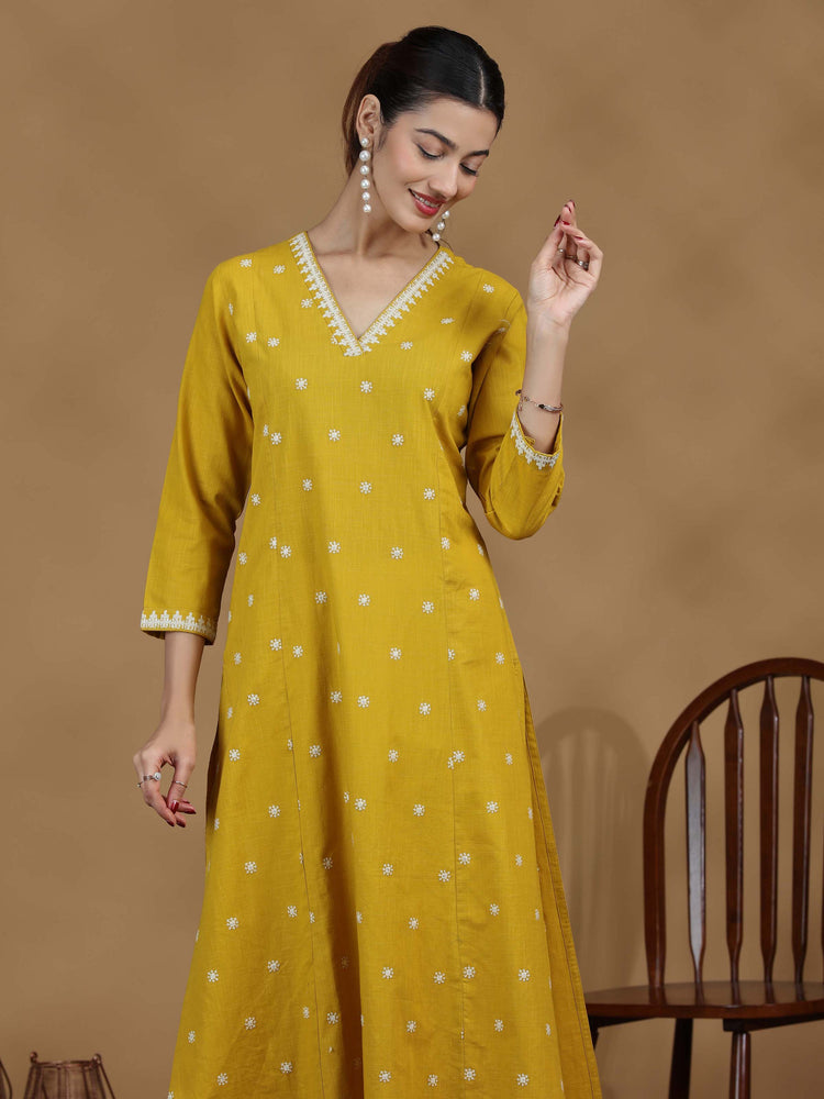 Yellow Floral Cotton Embroidered Straight Kurta