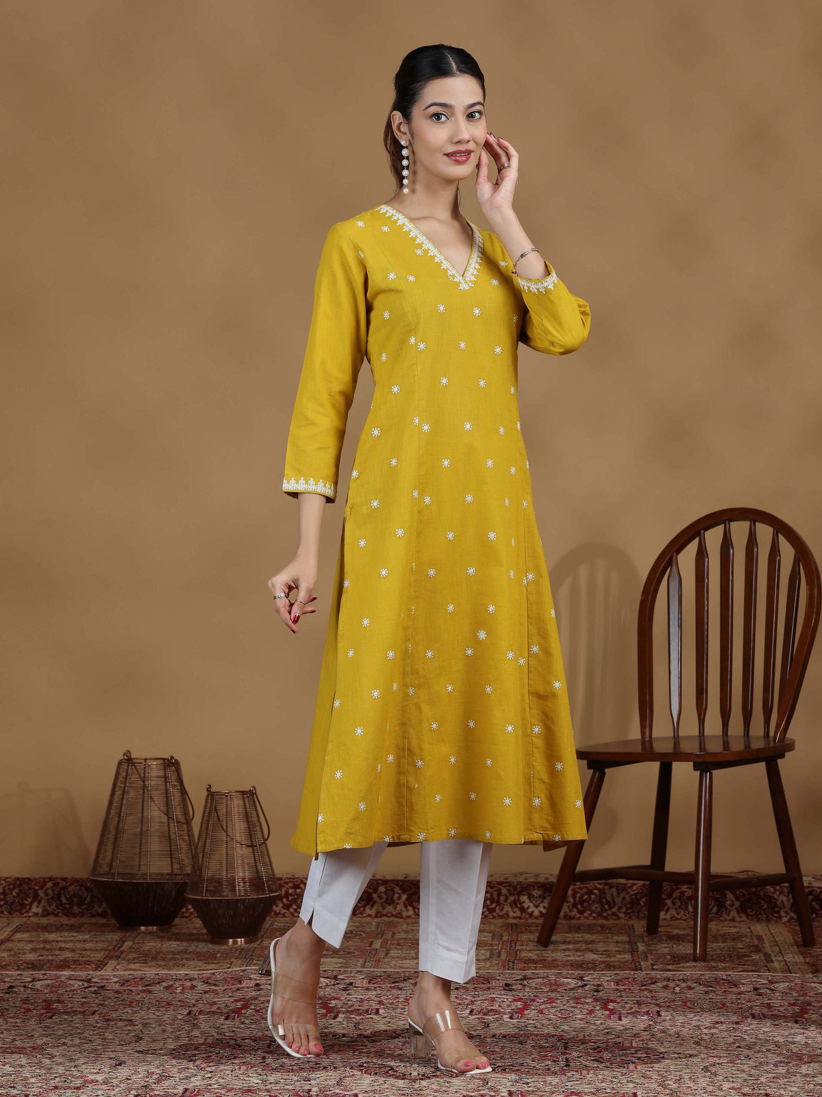 Yellow Floral Cotton Embroidered Straight Kurta