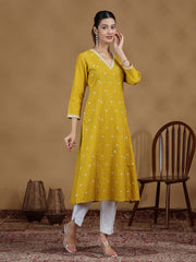 Yellow Floral Cotton Embroidered Straight Kurta