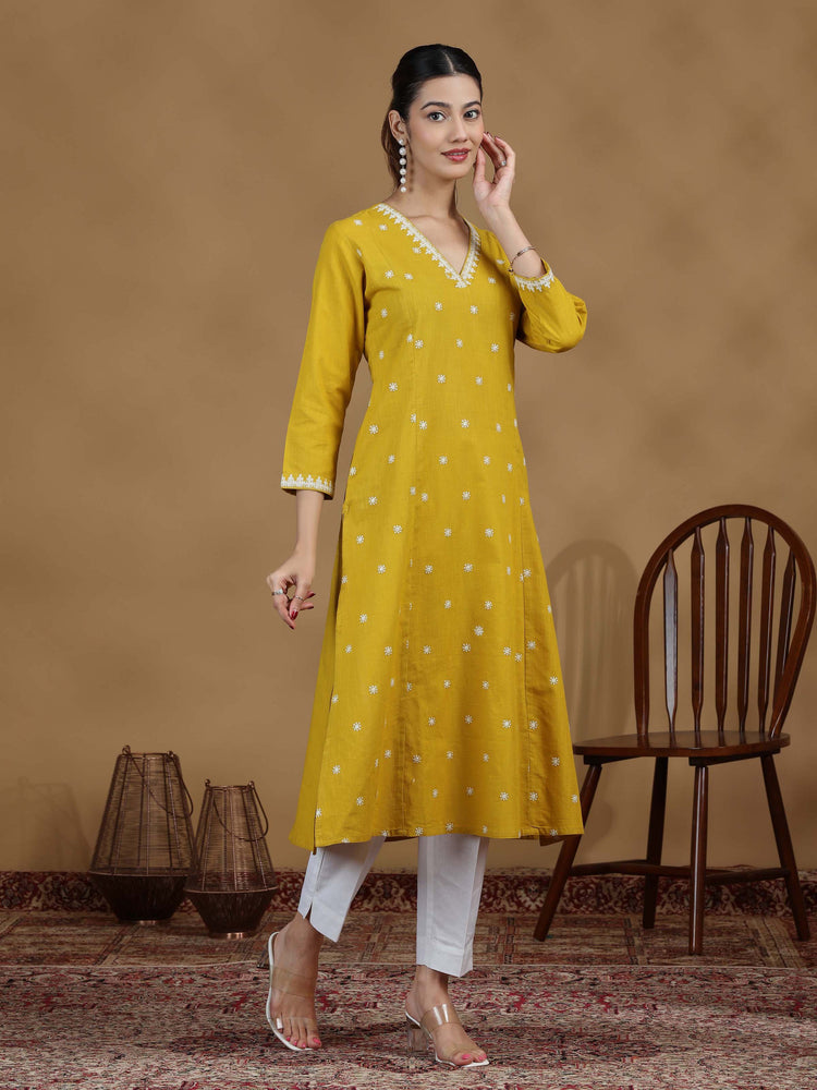Yellow Floral Cotton Embroidered Straight Kurta