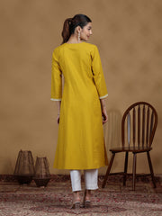 Yellow Floral Cotton Embroidered Straight Kurta