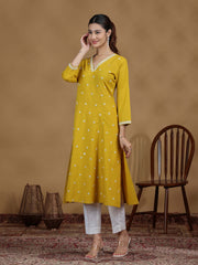 Yellow Floral Cotton Embroidered Straight Kurta