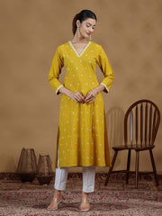 Yellow Floral Cotton Embroidered Straight Kurta