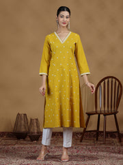 Yellow Floral Cotton Embroidered Straight Kurta