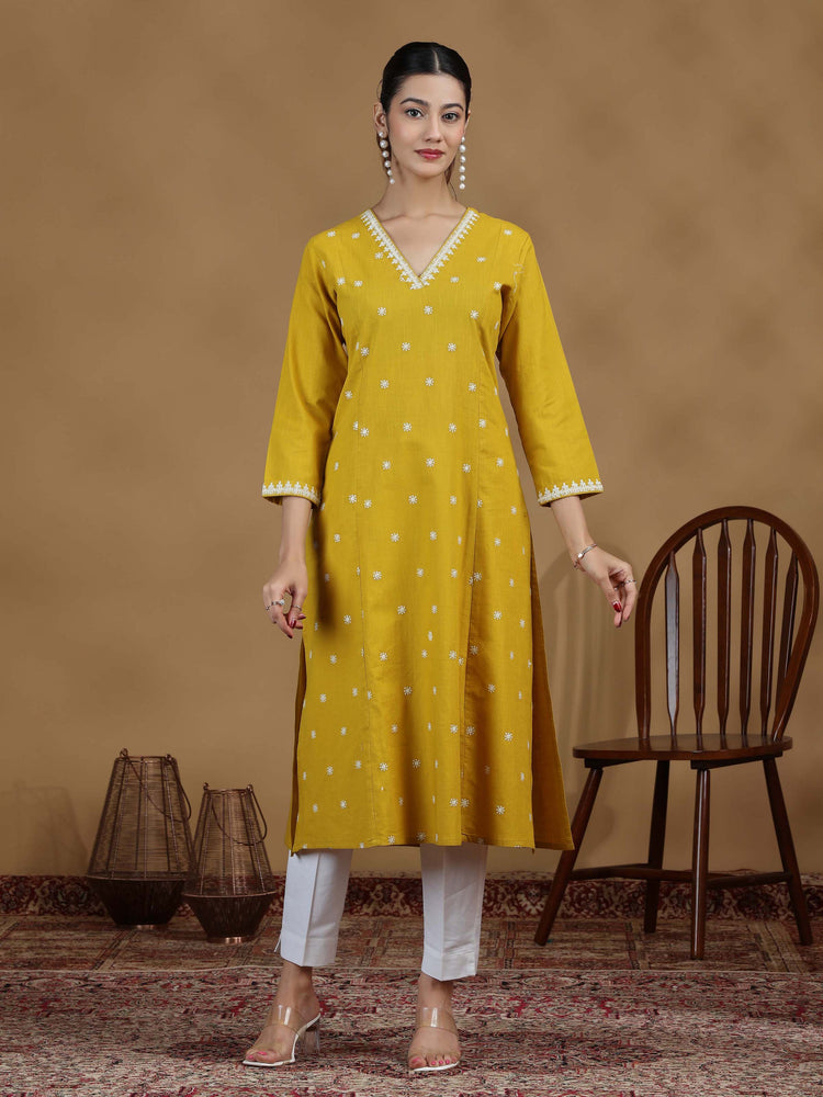 Yellow Floral Cotton Embroidered Straight Kurta
