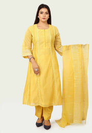 Hadiya Yellow Chanderi Printed & Emb  A-Line Suit Set