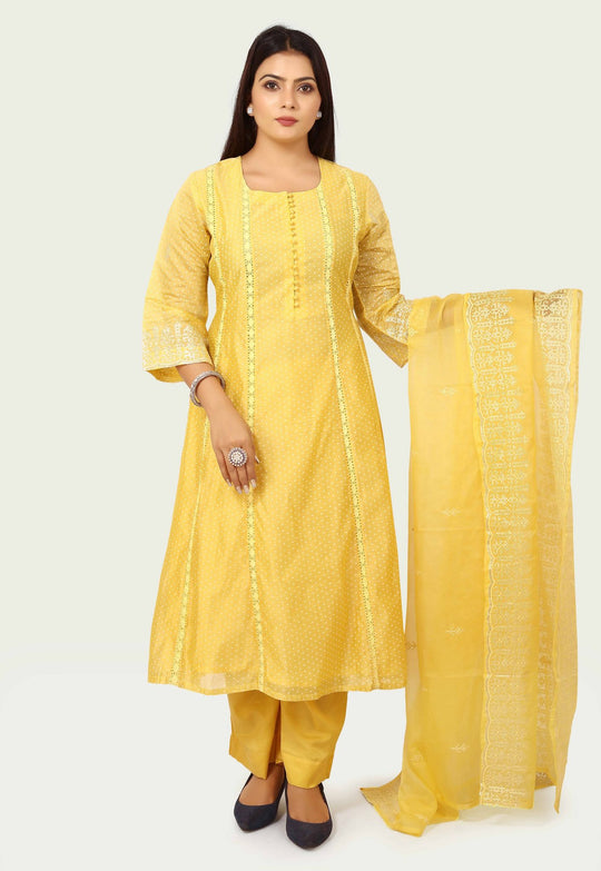 Hadiya Yellow Chanderi Printed & Emb  A-Line Suit Set