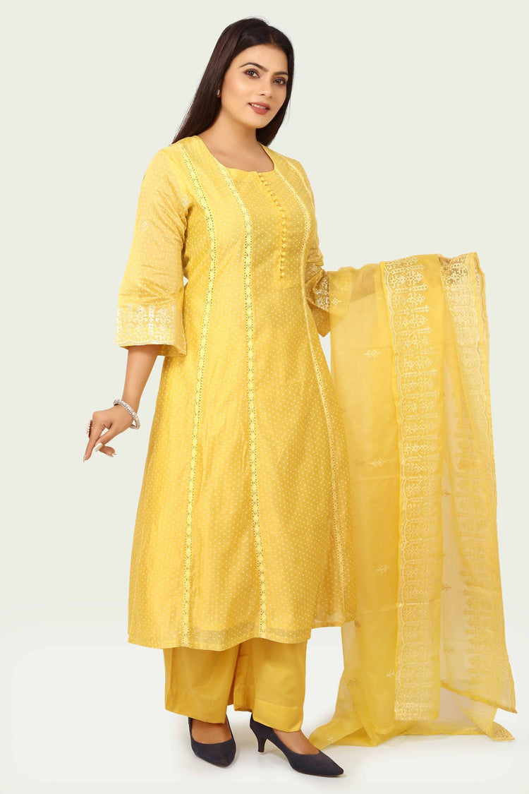 Hadiya Yellow Chanderi Printed & Emb  A-Line Suit Set