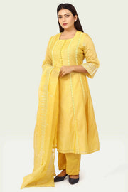Hadiya Yellow Chanderi Printed & Emb  A-Line Suit Set