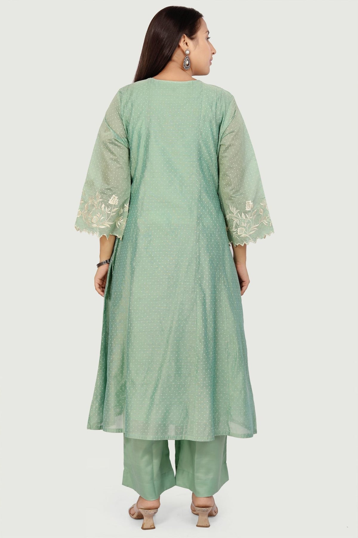 Hadiya Light Pista Chanderi Printed & Emb A-Line Suit Set