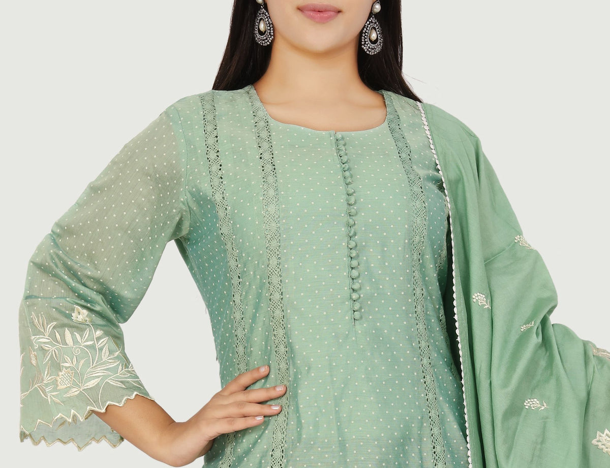 Hadiya Light Pista Chanderi Printed & Emb A-Line Suit Set