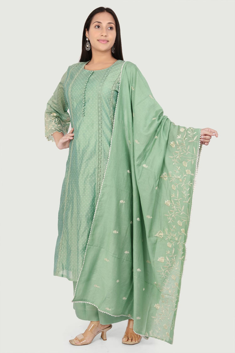 Hadiya Light Pista Chanderi Printed & Emb A-Line Suit Set