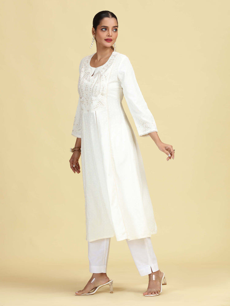 Off White Flared Embroidered A-line Kurta