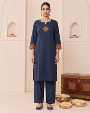 Navy Blue Pure Cotton Abstract Embroidered Kurta