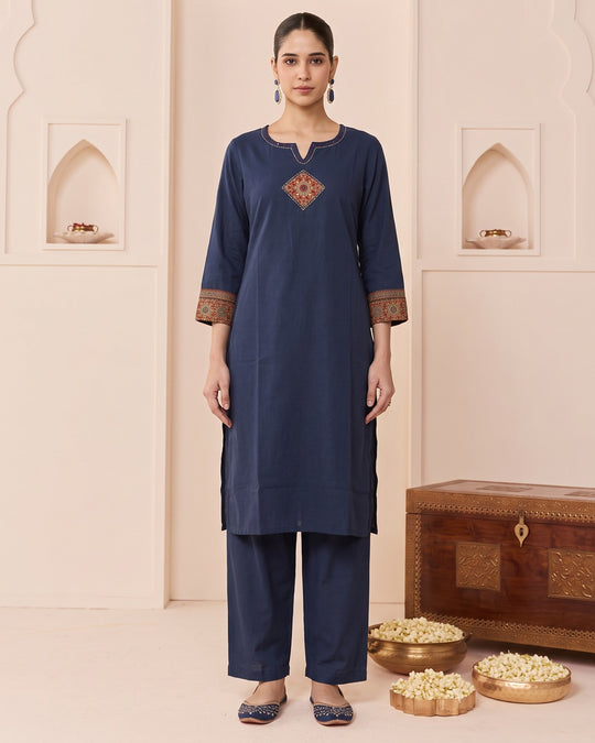 Navy Blue Pure Cotton Abstract Embroidered Kurta