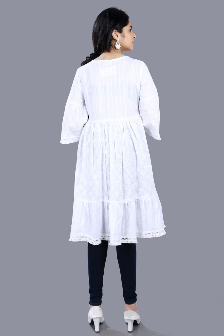 Sanem White Cotton Embroidered Pleated Kurti
