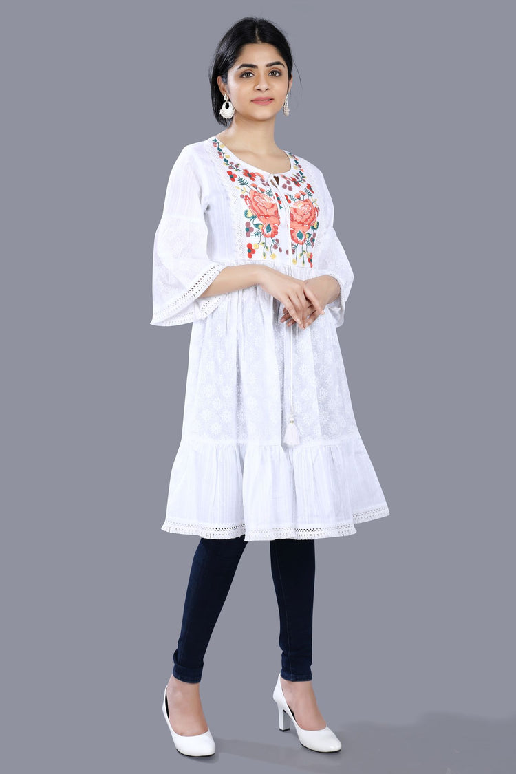 Sanem White Cotton Embroidered Pleated Kurti