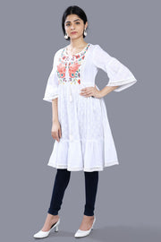 Sanem White Cotton Embroidered Pleated Kurti