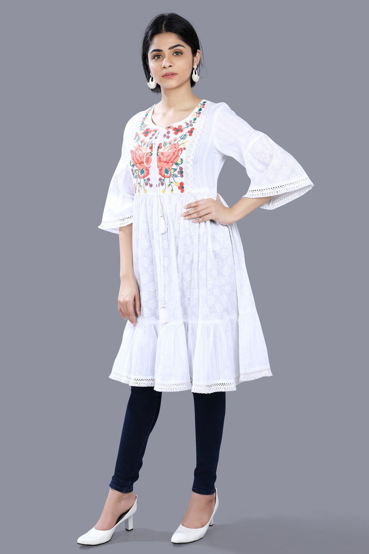 Sanem White Cotton Embroidered Pleated Kurti