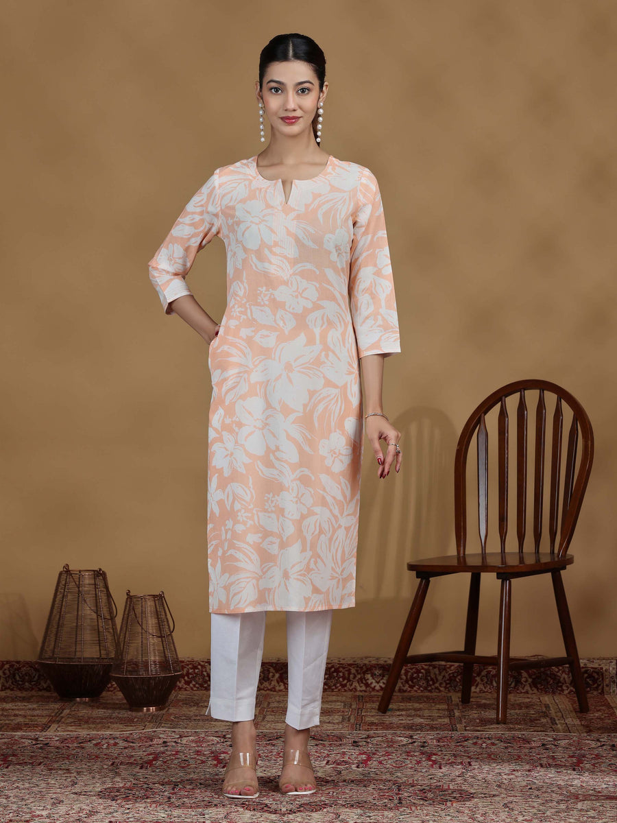 Light Orange Floral Printed Cotton Straight Kurta