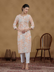 Light Orange Floral Printed Cotton Straight Kurta
