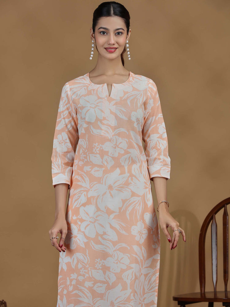 Light Orange Floral Printed Cotton Straight Kurta
